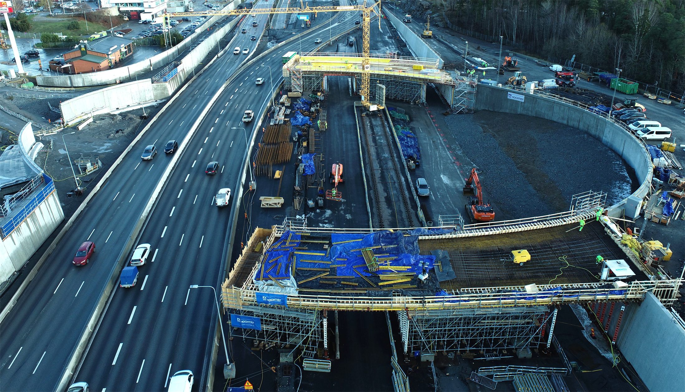 Bridge formwork and staging above live motorway traffic