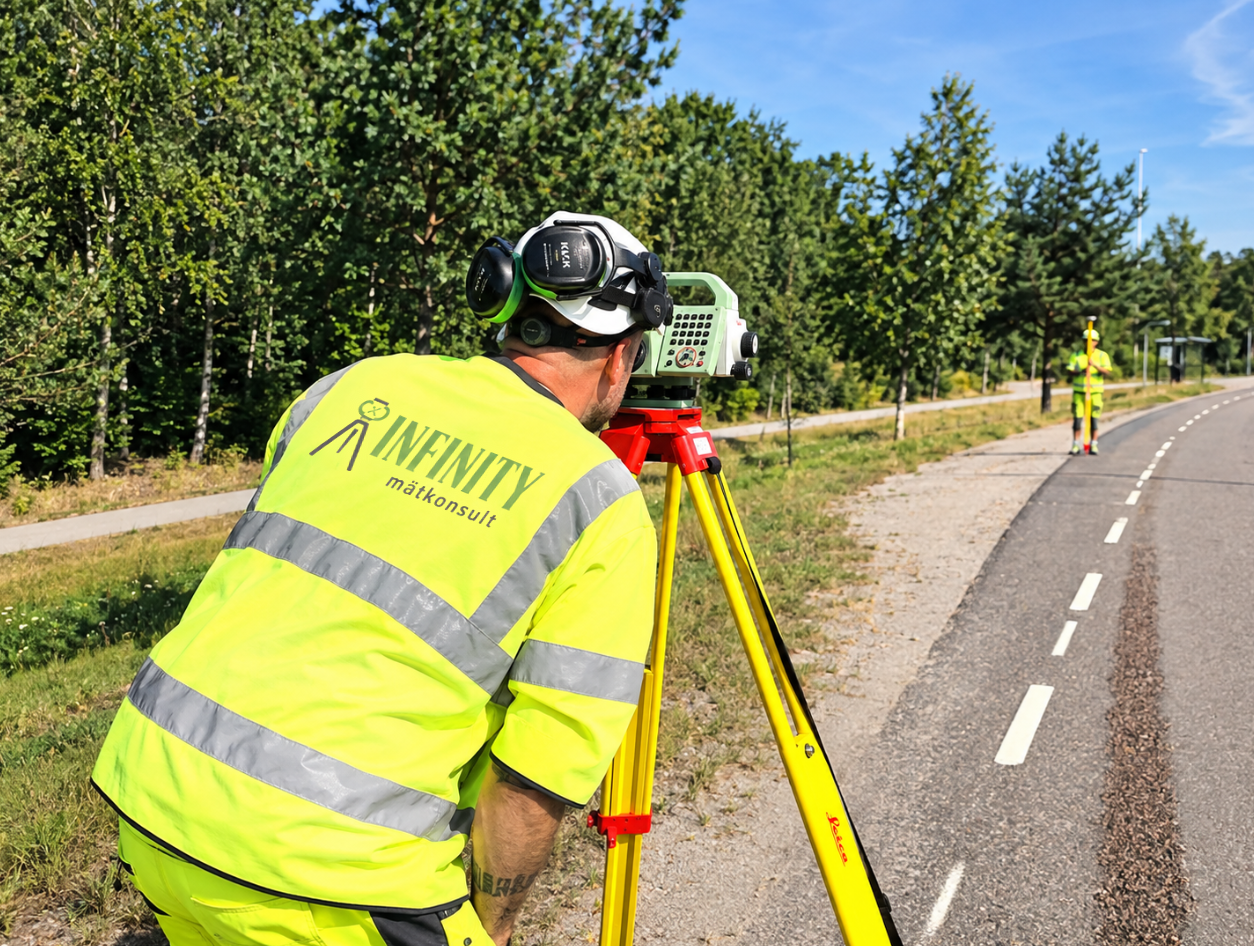 Surveyor using a total station beside a road