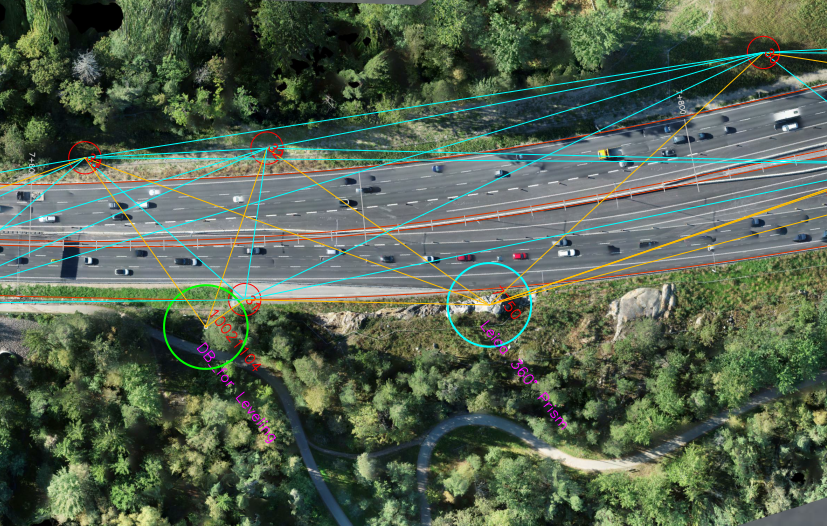 Survey network measurements over an aerial highway image